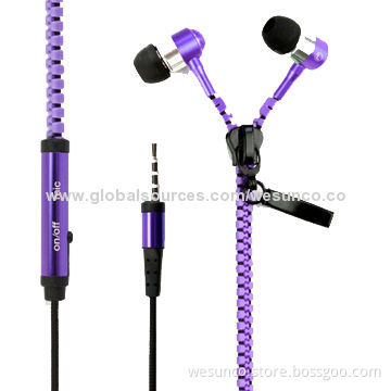 Metal Zipper Earphones with Mic or Volume Control or Without, Shenzhen Factory, Various Colors